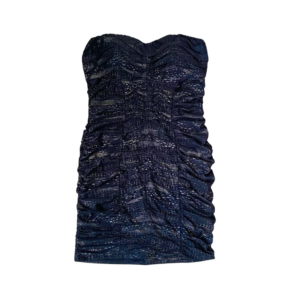 Entry Strapless Bodycon Dress‎ Medium Y2K Black Gold Ruched Animal Print Mini